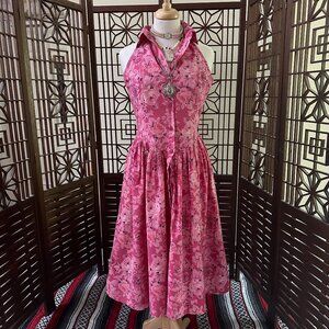 Vintage Starina Pink Rose Floral Cotton Midi Dress Sz M